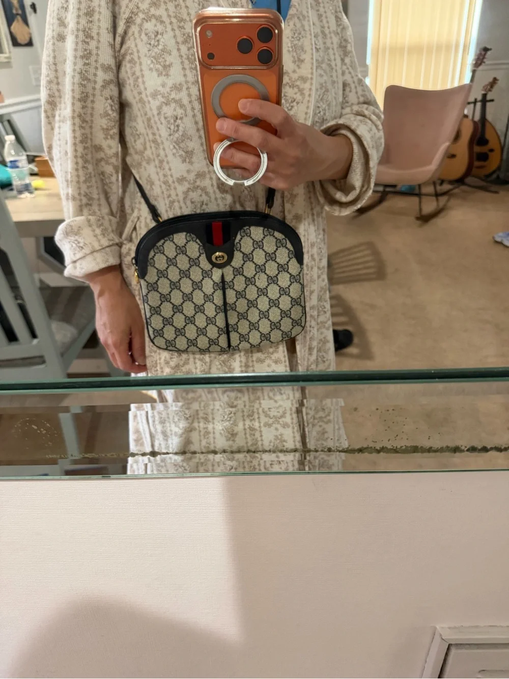 Gucci Beige Navy Monogram Crossbody with Red Web Stripe